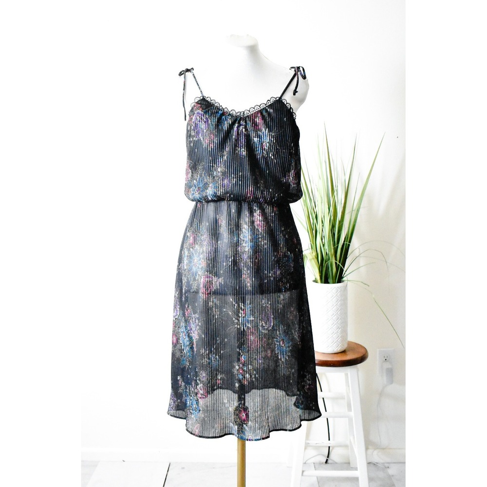 Candi Jones California Dress Womens M Black 70s Vintage Floral Pleated Sheer